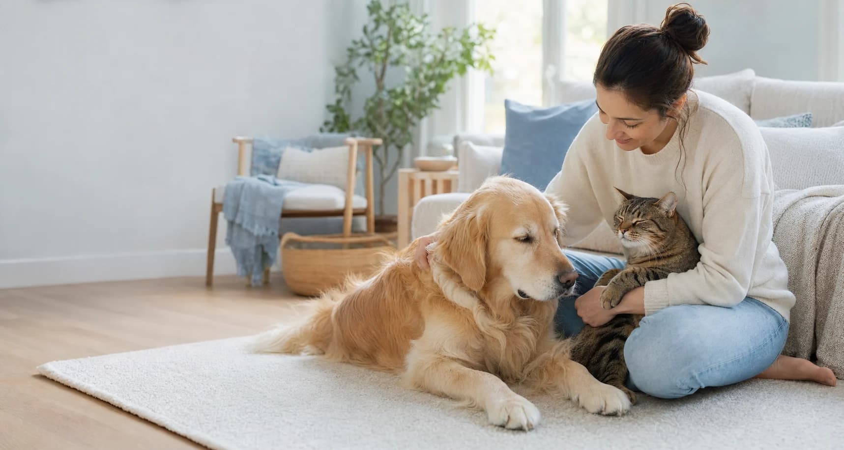 A pet parent at home with a golden retriever and tabby cat